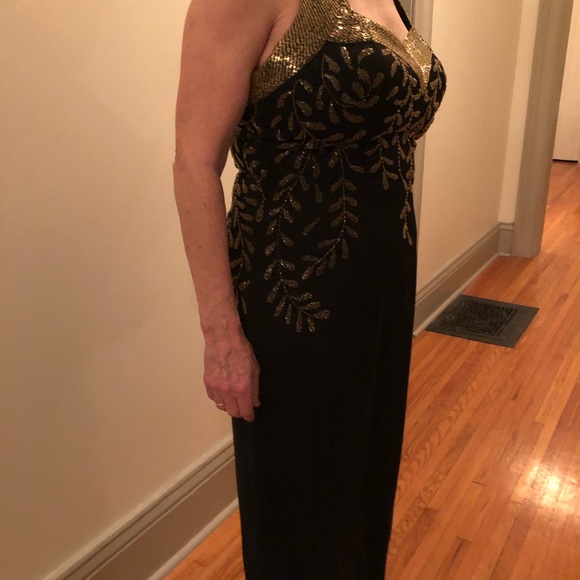Designer one off long black dress with hand sewn gold beads - Picture 9 of 12